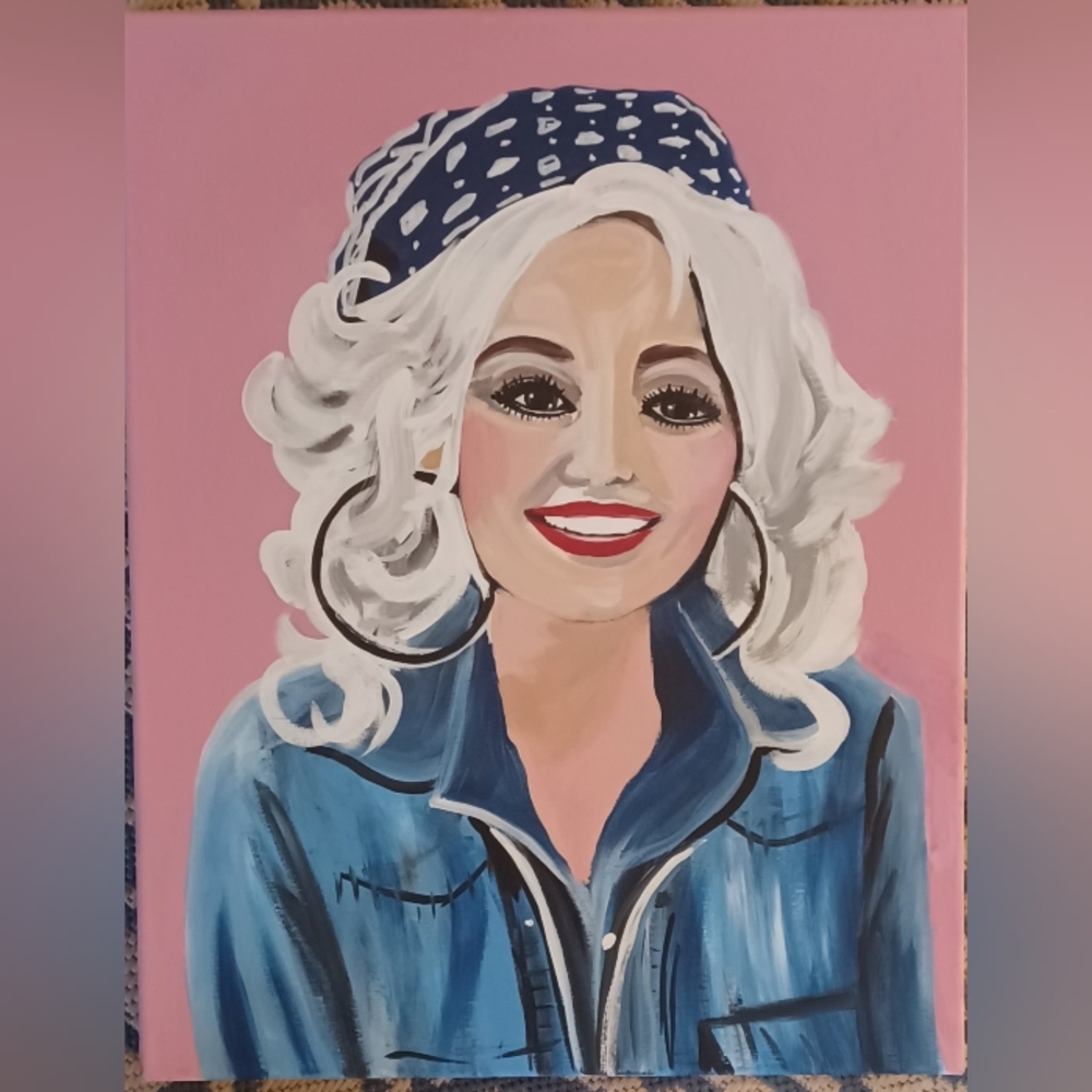Hand-Painted Pink & Blue Portrait Painting Original Acrylic Dolly Parton